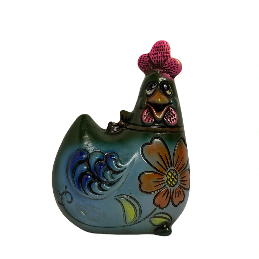 Chicken Feed Vintage Funky Whimsical Hen Chicken Coin Bank Bow Flowers 6.5” Tall - Picture 1 of 12